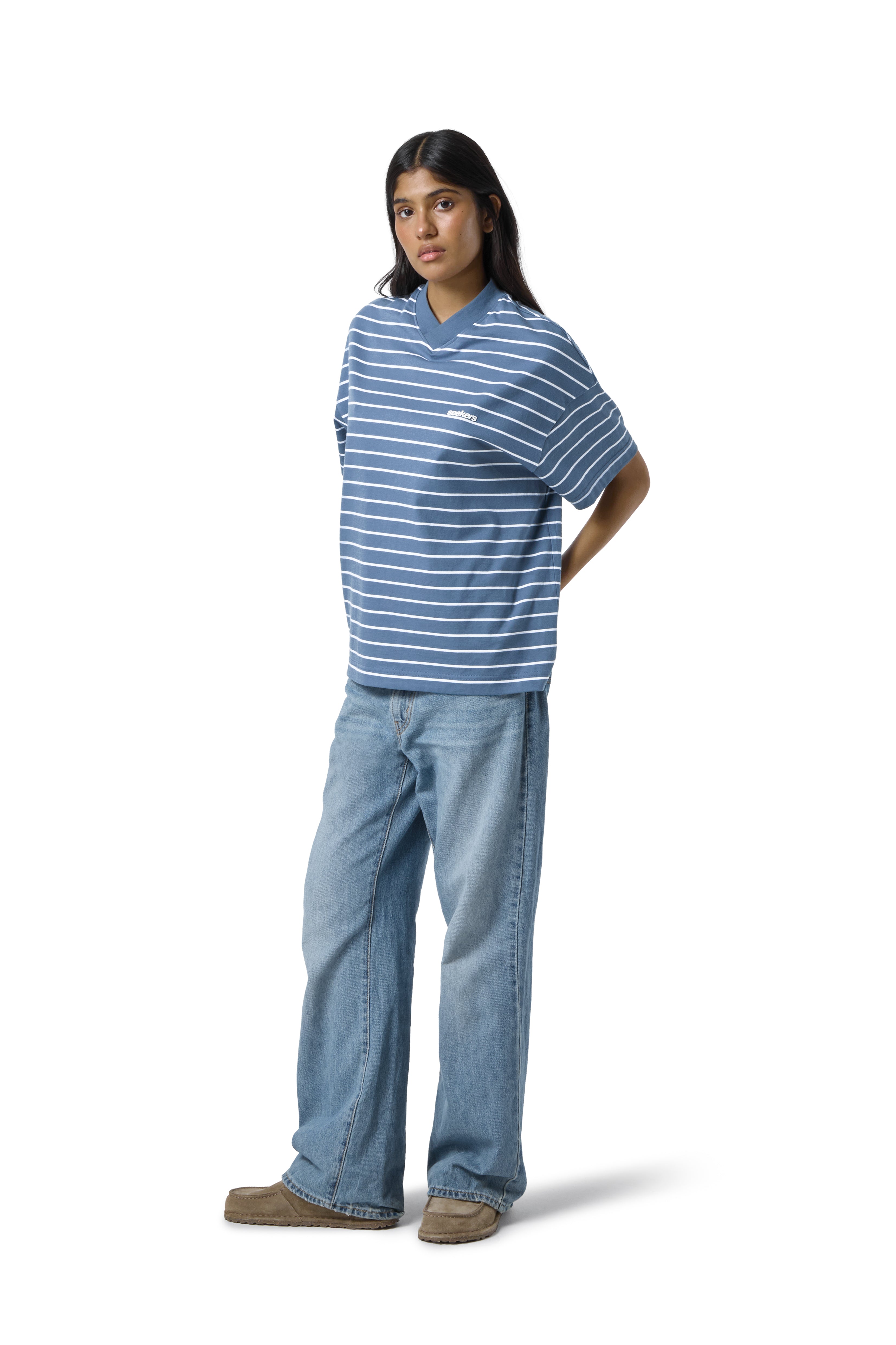 Devon Striped Oversized Tee in Blue Wash